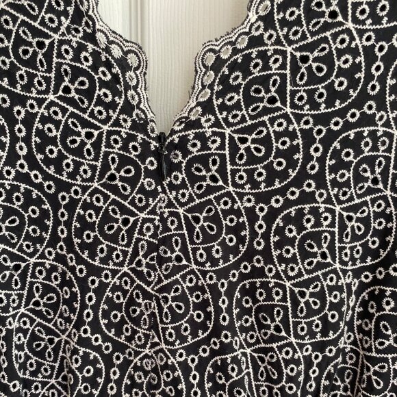 Navy & White Embroidered Short-Sleeve Romper With Scalloped V-Neckline & Elastic - Picture 6 of 8